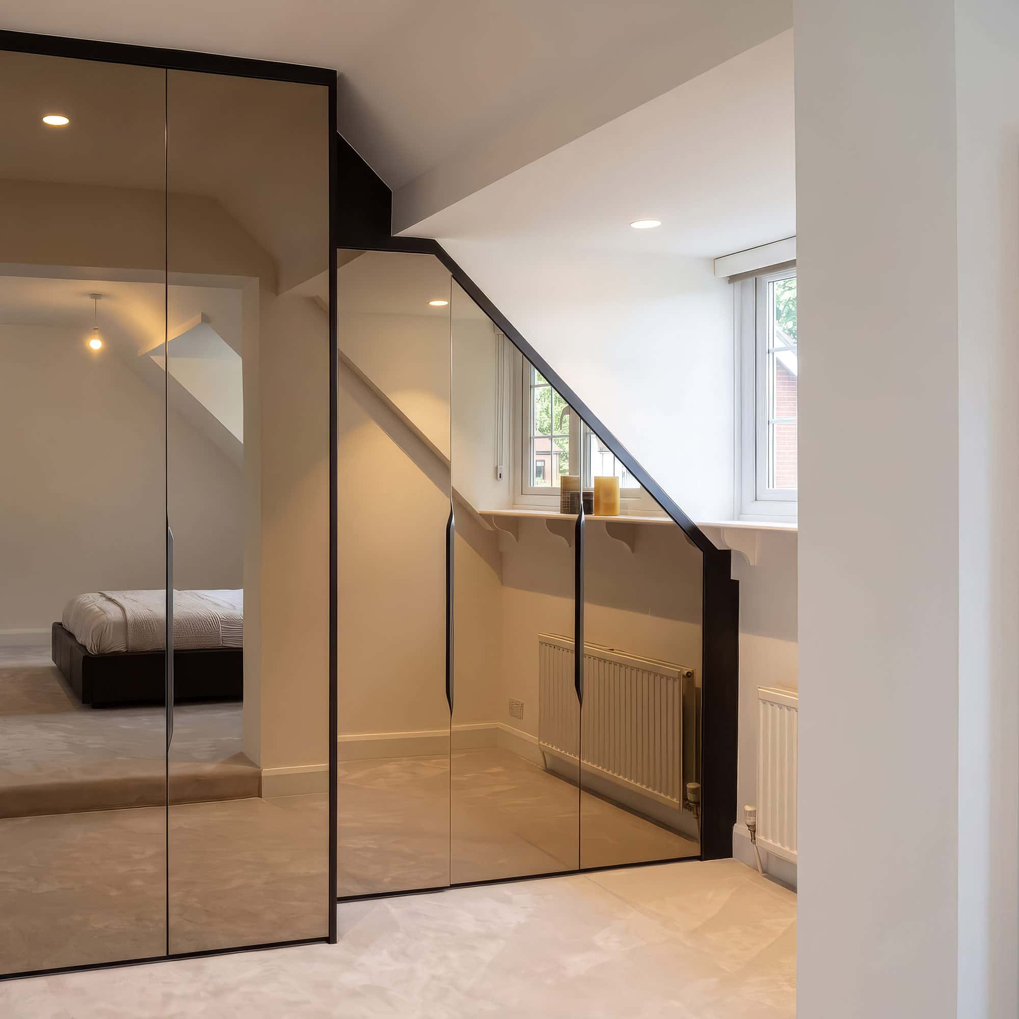 Tinted mirrored wardrobe doors in a bespoke dressing area