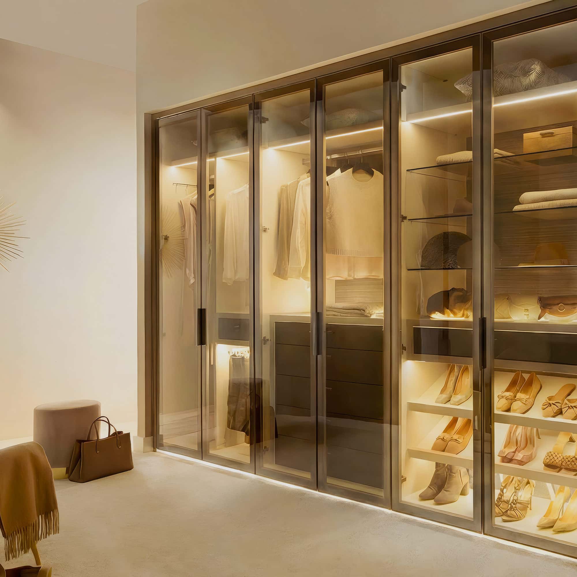 Translucent glass wardrobe doors with interior lighting