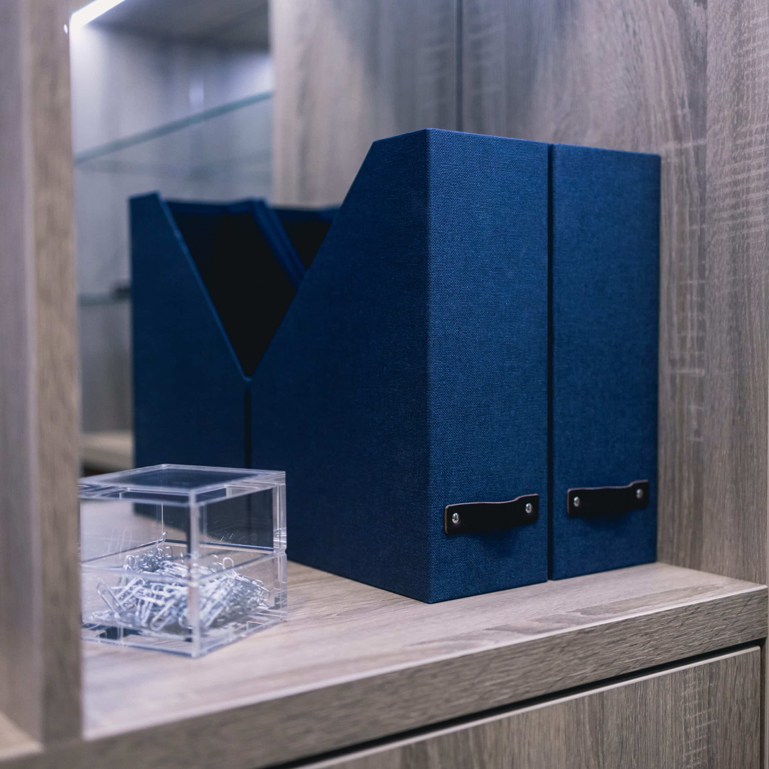 Navy magazine files and a paperclip box on a Shadow Oak study shelf