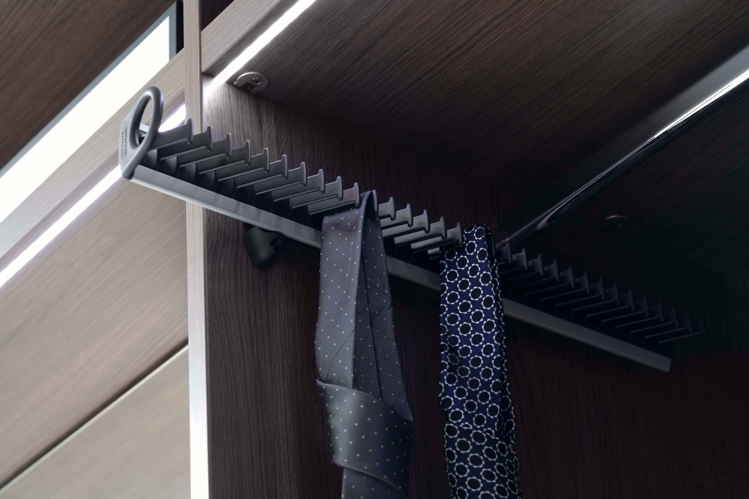 Pull-out tie rack in a wardrobe holding two patterned ties