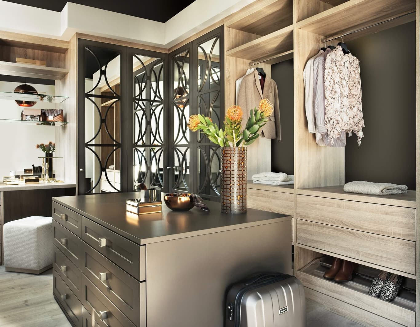 Luna dressing room with island unit, oak wardrobes and fretwork mirrored doors