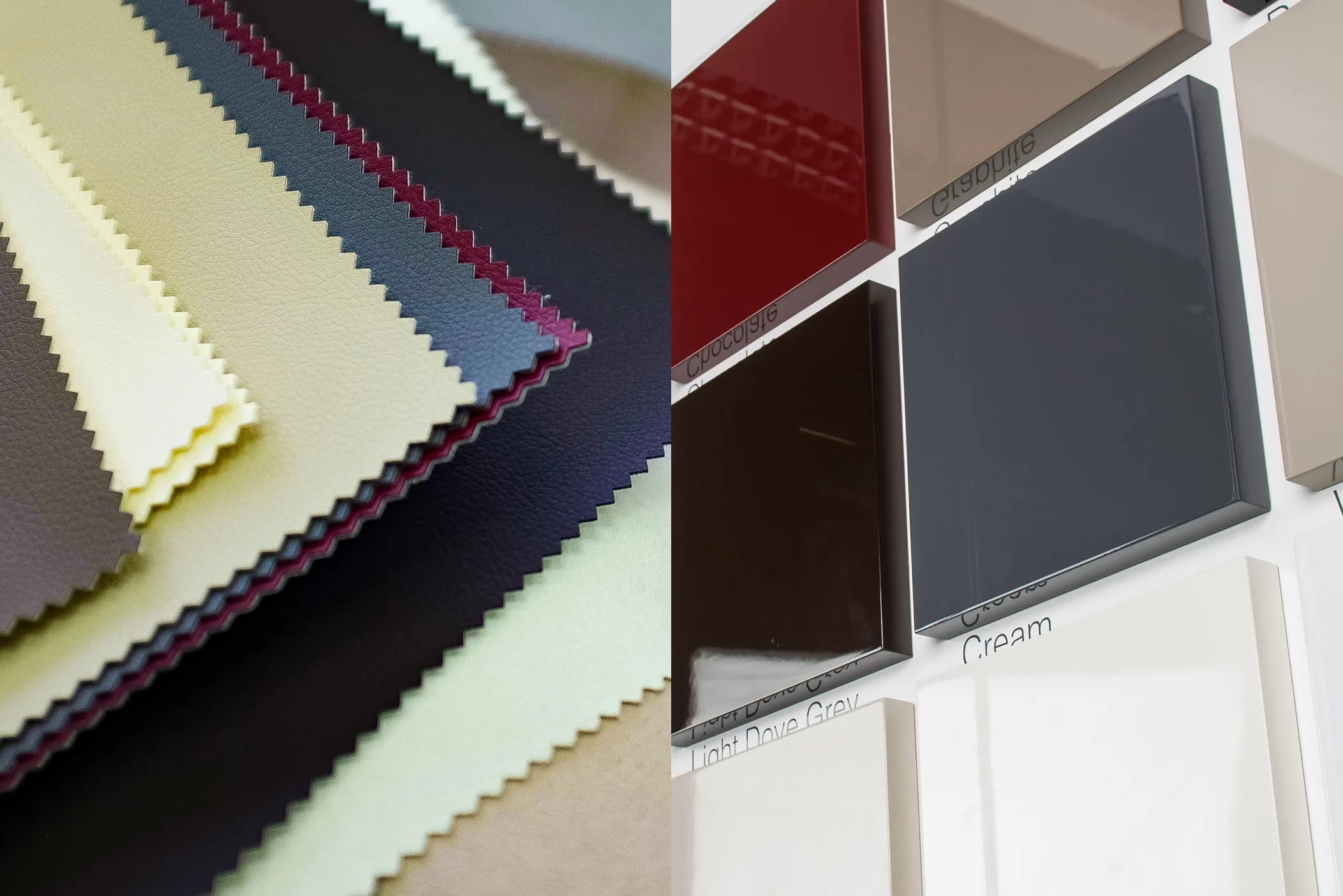 Fabric and glossy lacquer finish samples in reds, greys, cream and black