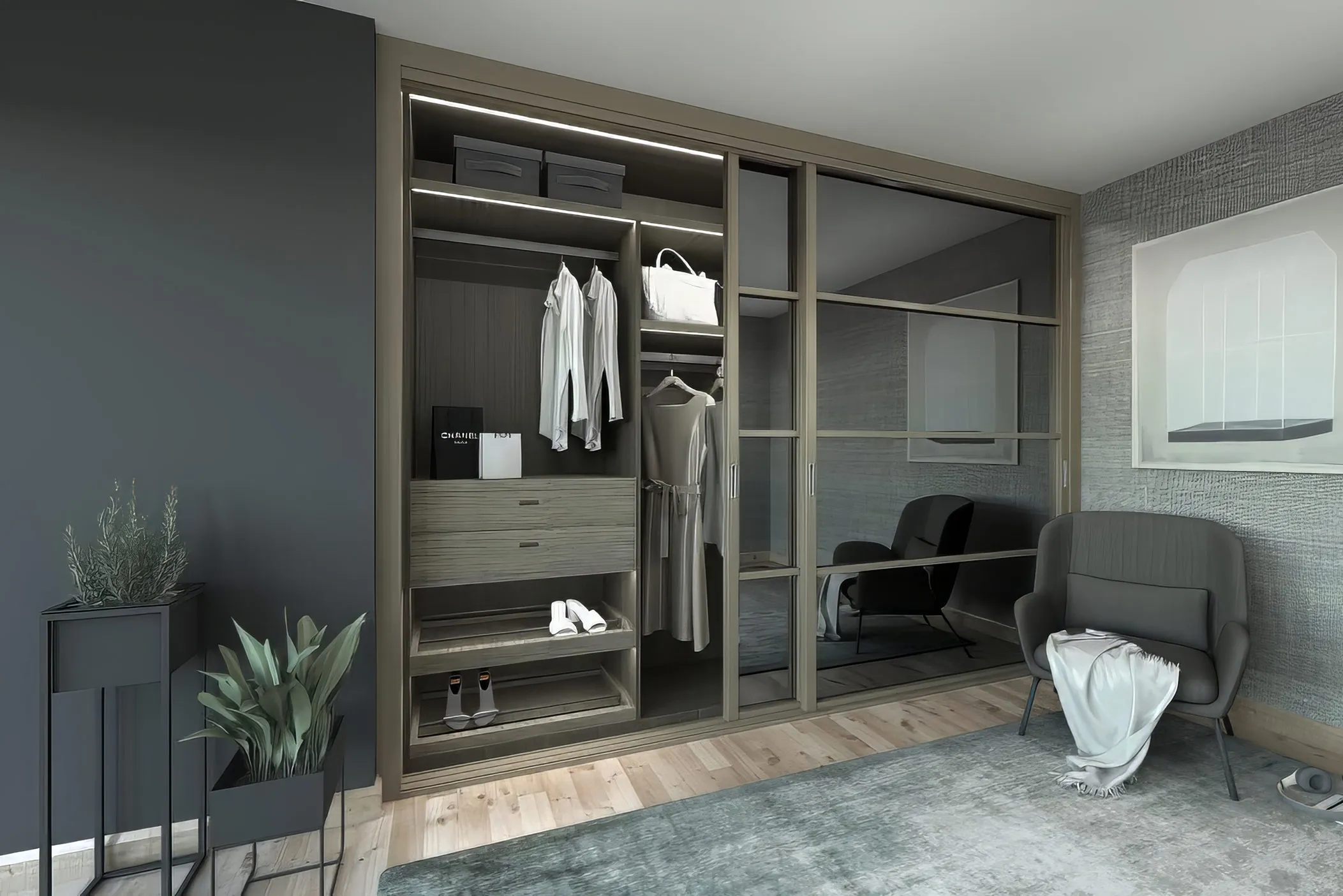 Fitted wardrobe with sliding mirrored doors, LED lighting, drawers and shoe shelves in a grey bedroom
