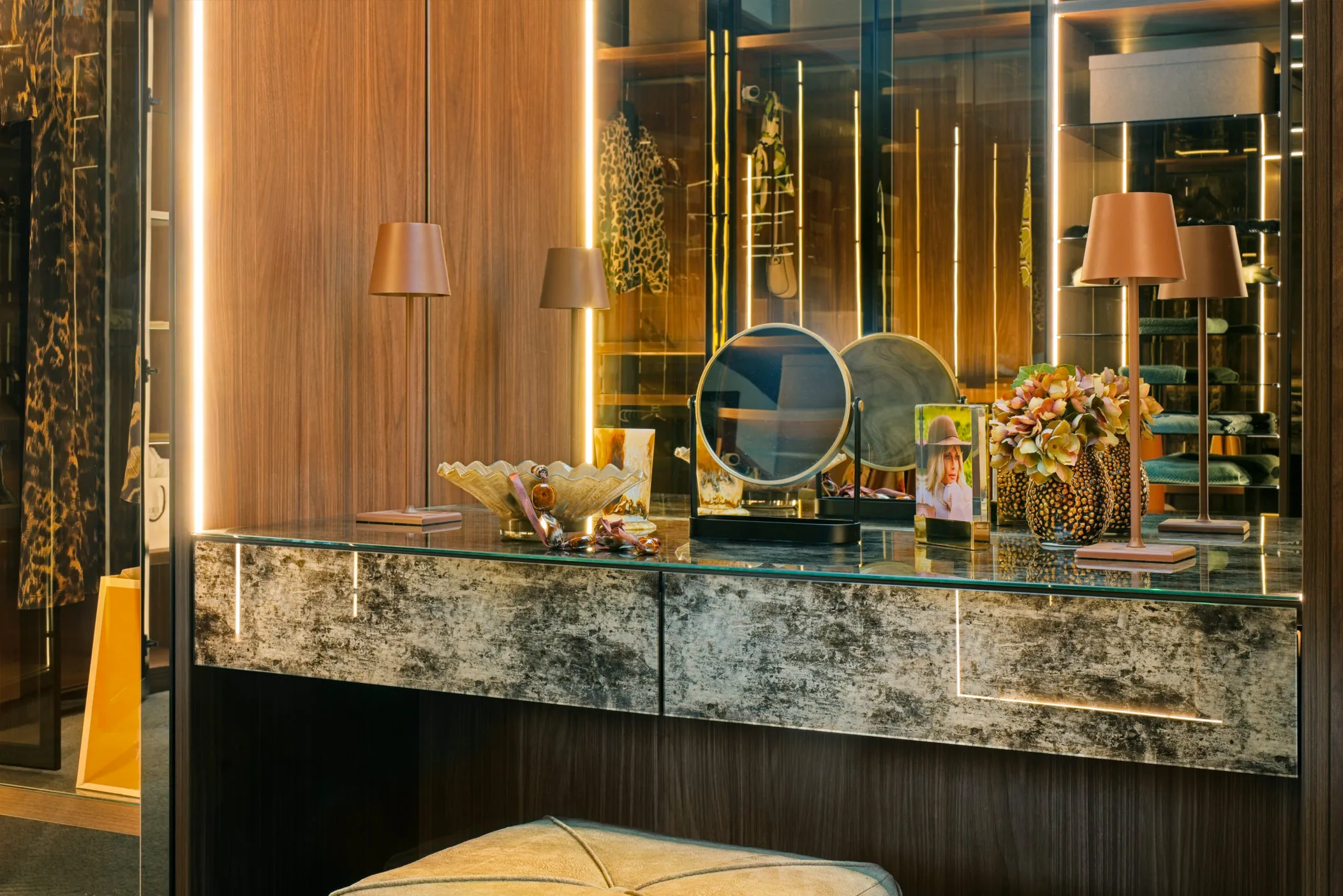 Dressing table with antiqued mirror front, lamps and LED lighting in the Tunbridge Wells showroom