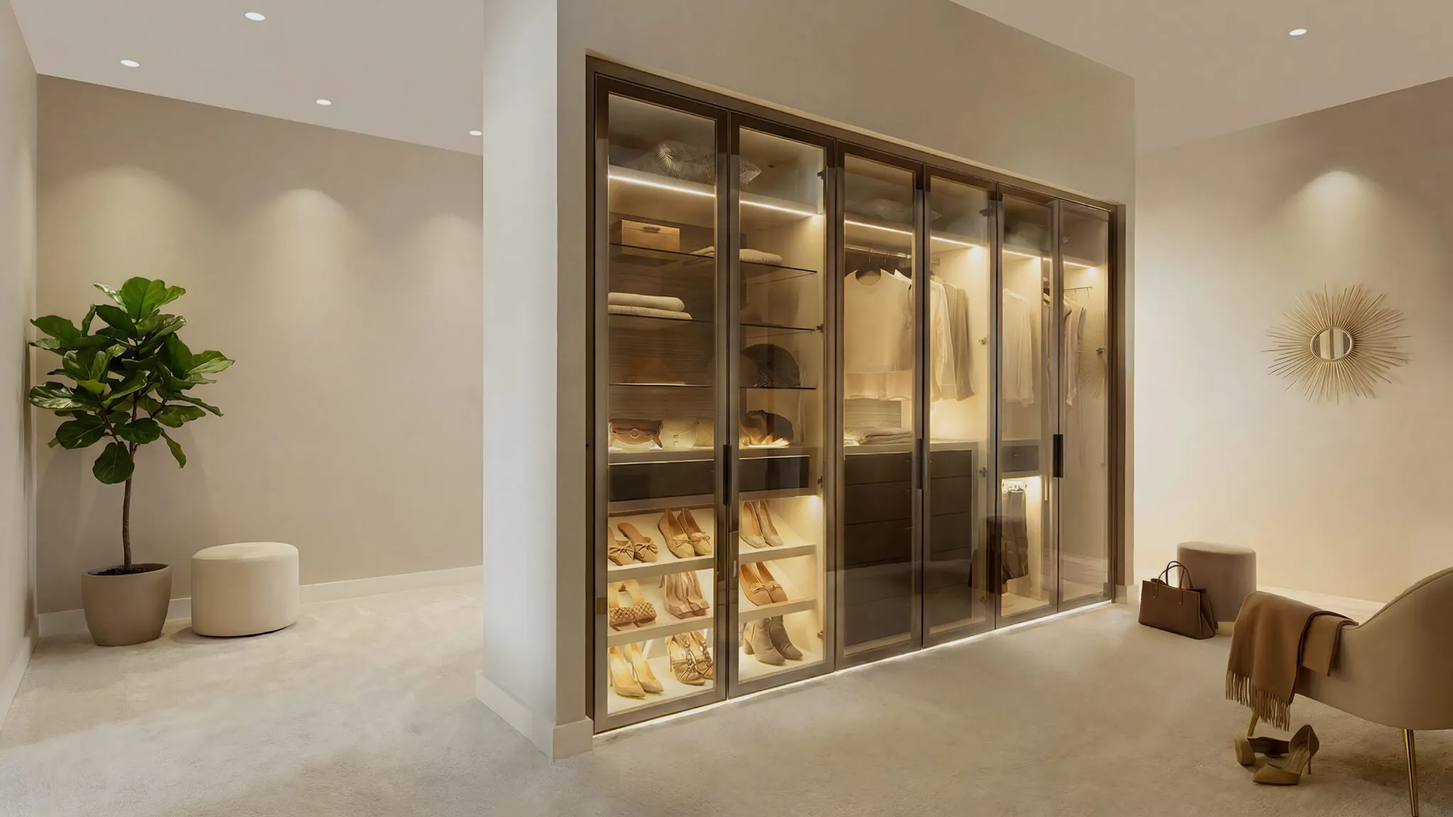 Walk-in wardrobe with glass-fronted doors, LED lighting and shoe display in a cream room