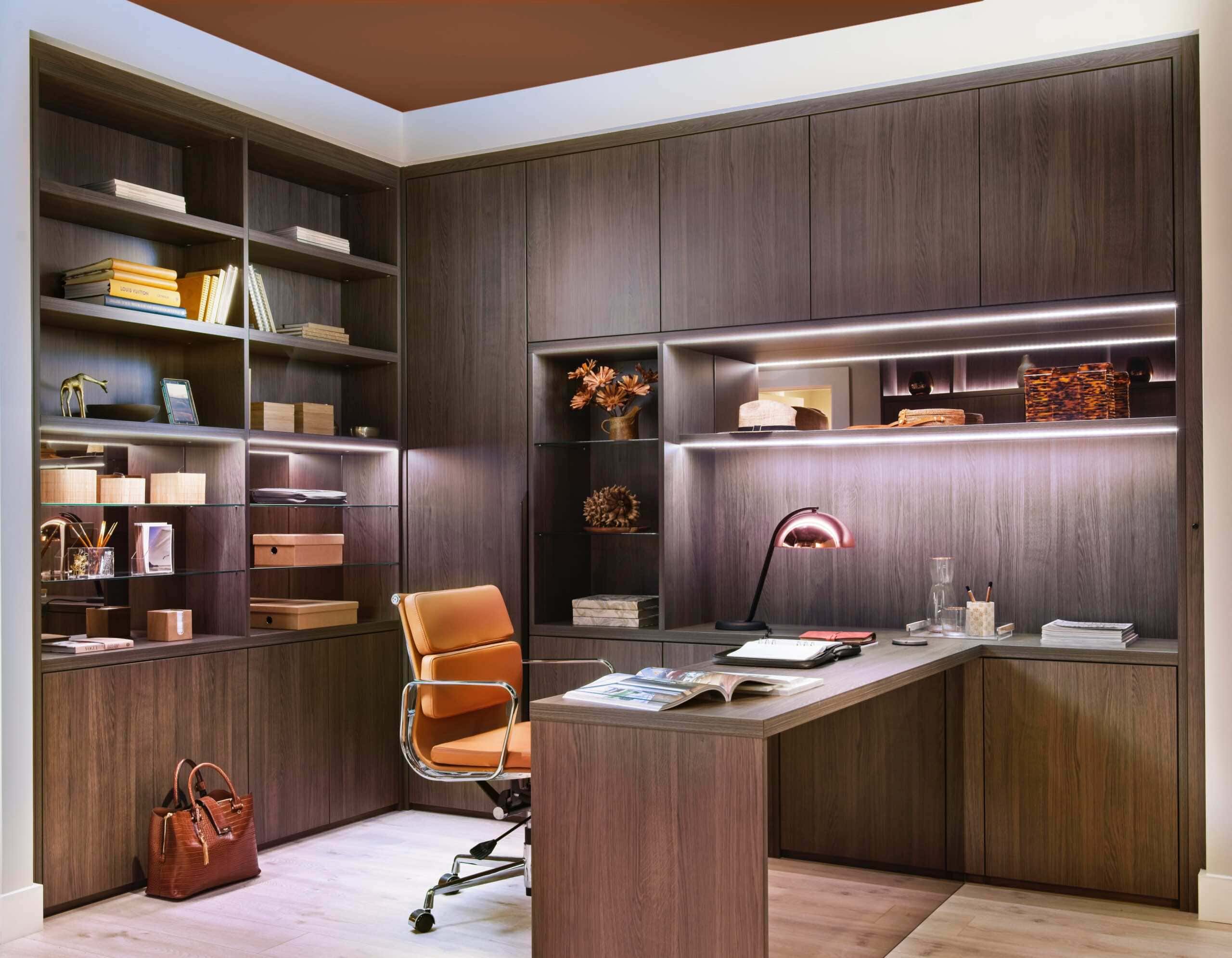 Anthracite study with fitted desk, shelving, cabinets and LED lighting
