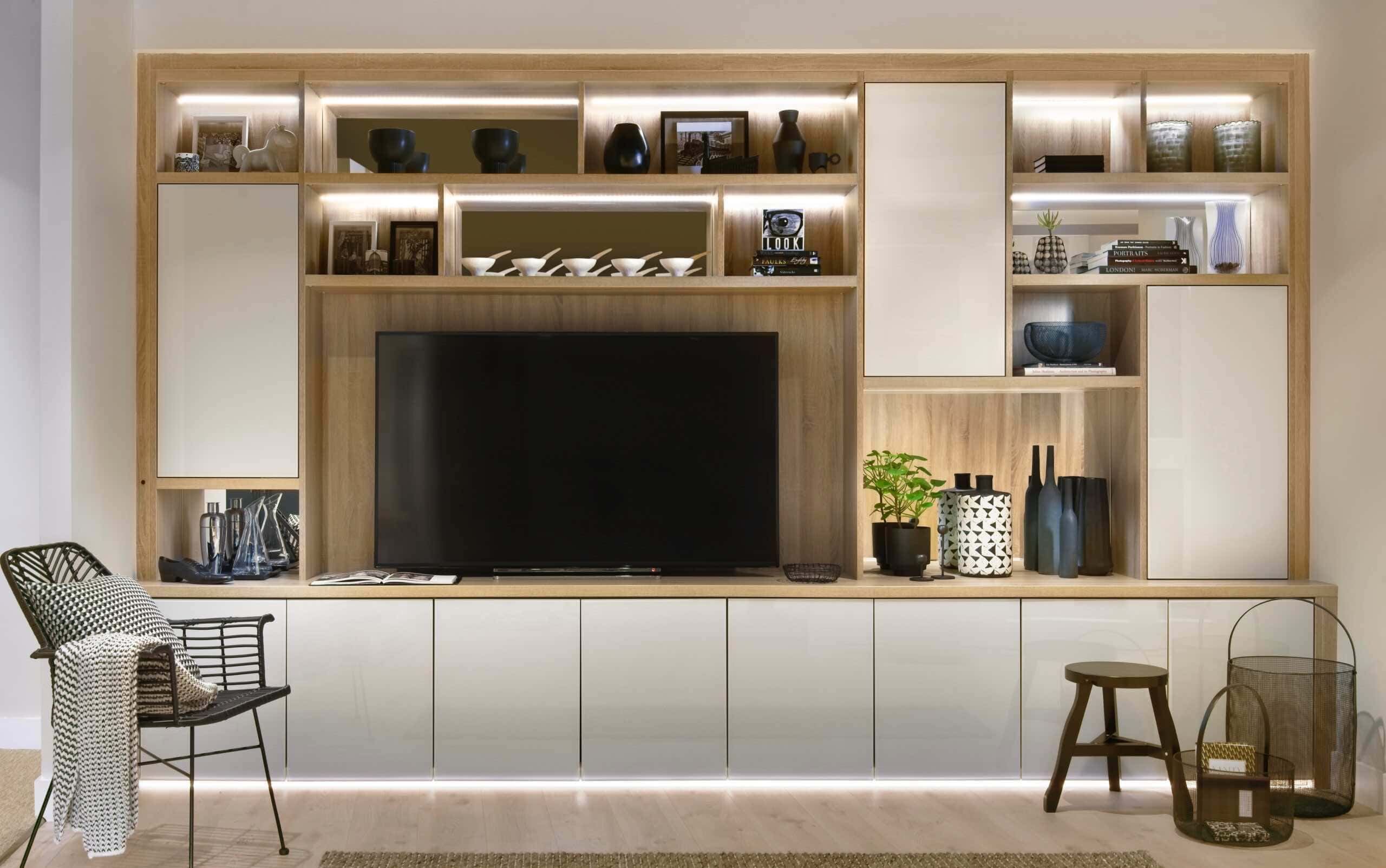 Oak TV unit with satin stone grey glass doors, open shelving and LED lighting