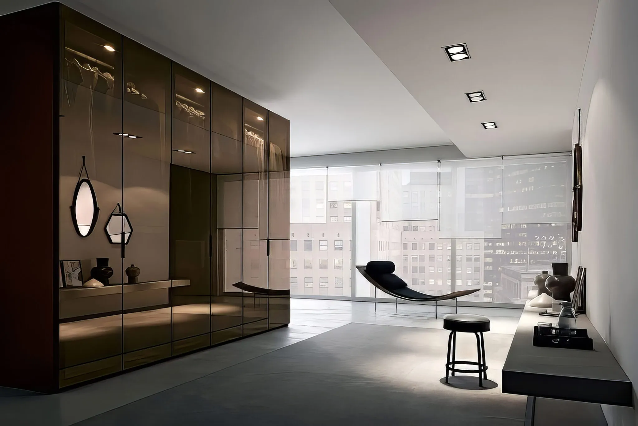 Bronze-tinted glass wardrobe doors in a modern loft room with city views