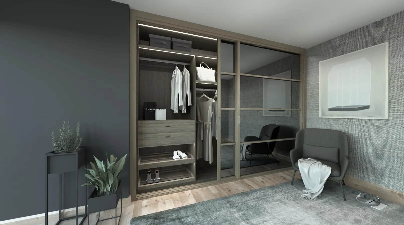 Sliding mirrored wardrobe doors with a black grid frame, open to reveal hanging and drawers