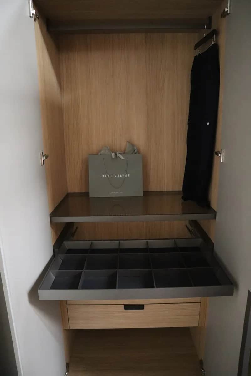 Oak-interior wardrobe with pull-out accessory tray, drawer and shelf with a bag