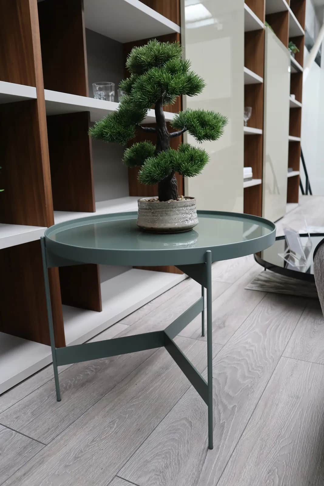 Sage green round side table with a bonsai in front of walnut and white shelving