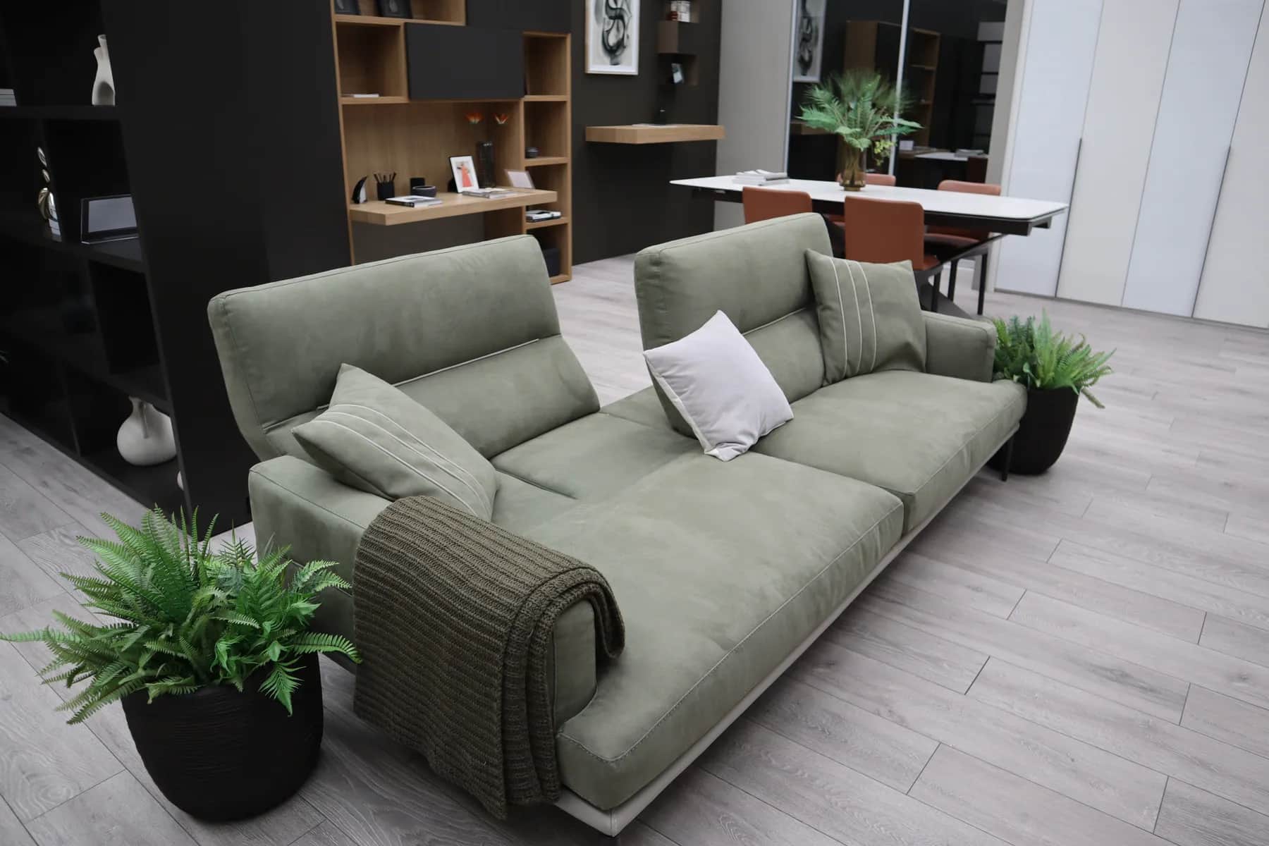 Sage green sofa with cushions and a knitted throw, surrounded by plants