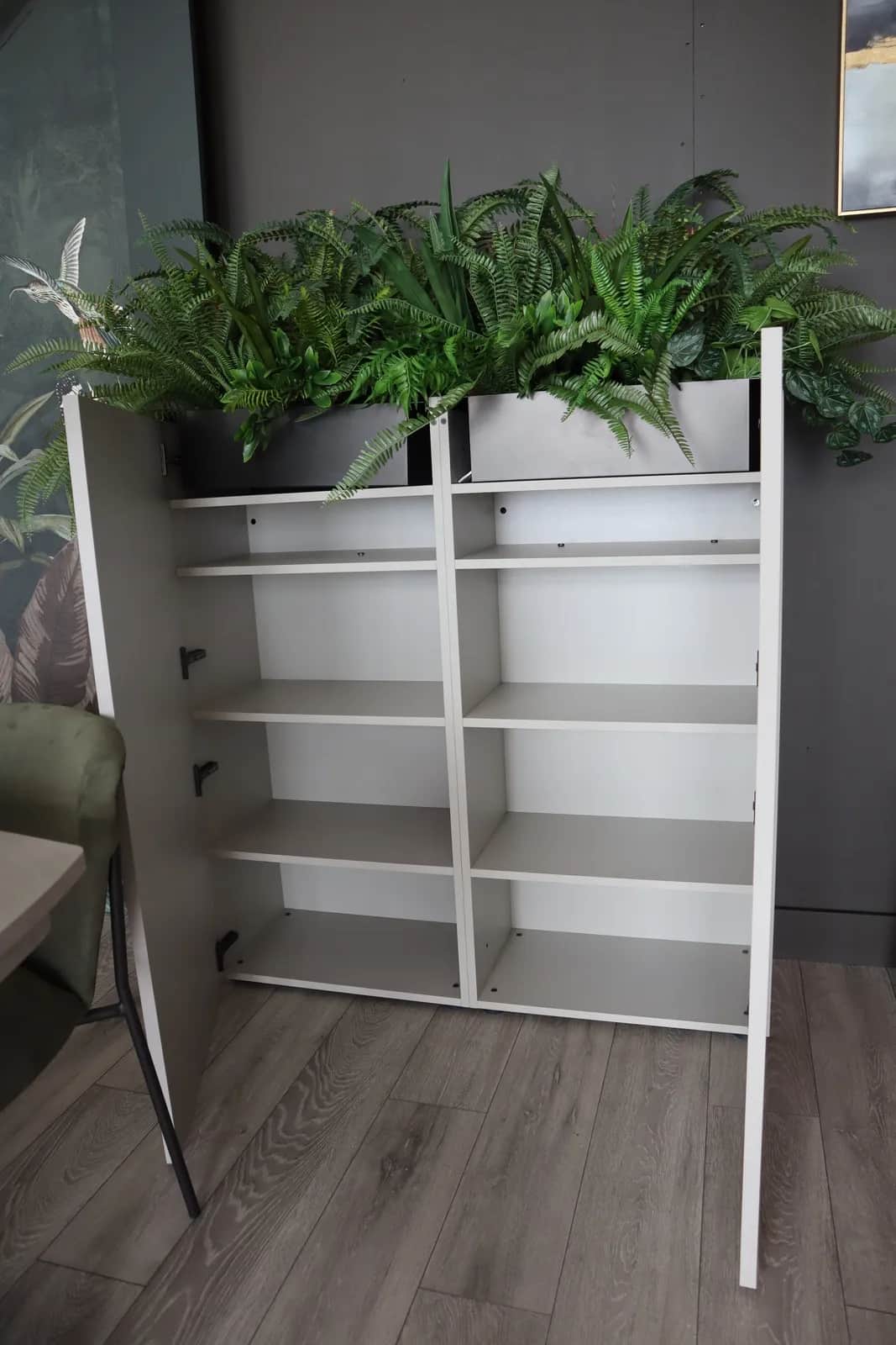 Open storage unit with shelves and a planter of ferns on top