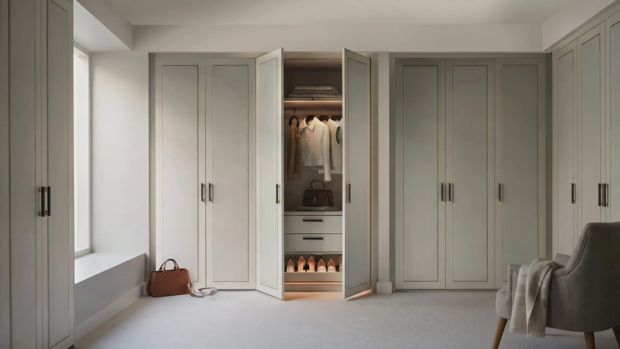 Belgravia wardrobe in light dove grey with doors open showing hanging rail and drawers