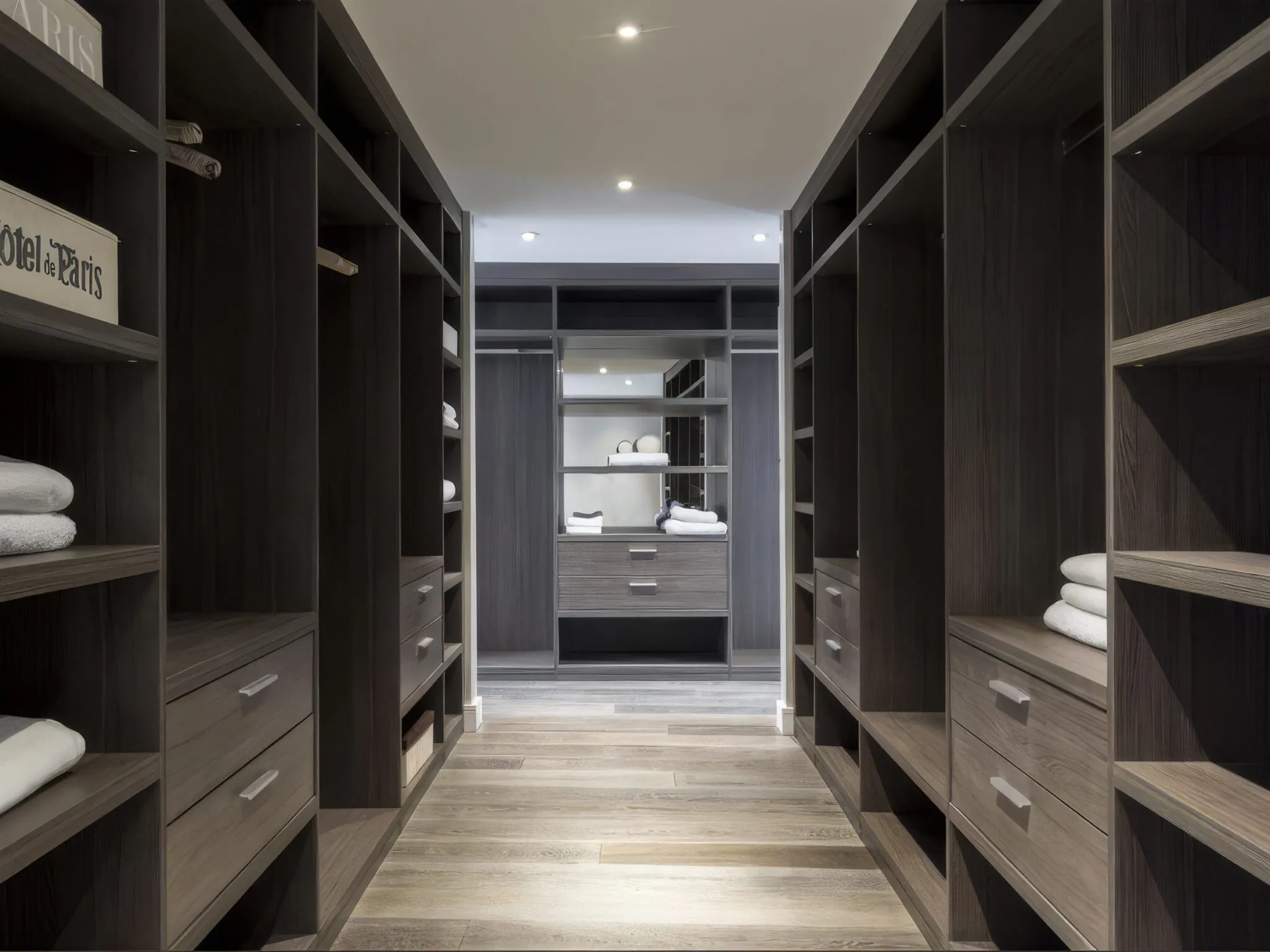 Walk-in wardrobe corridor with dark oak shelving, drawers and folded linen