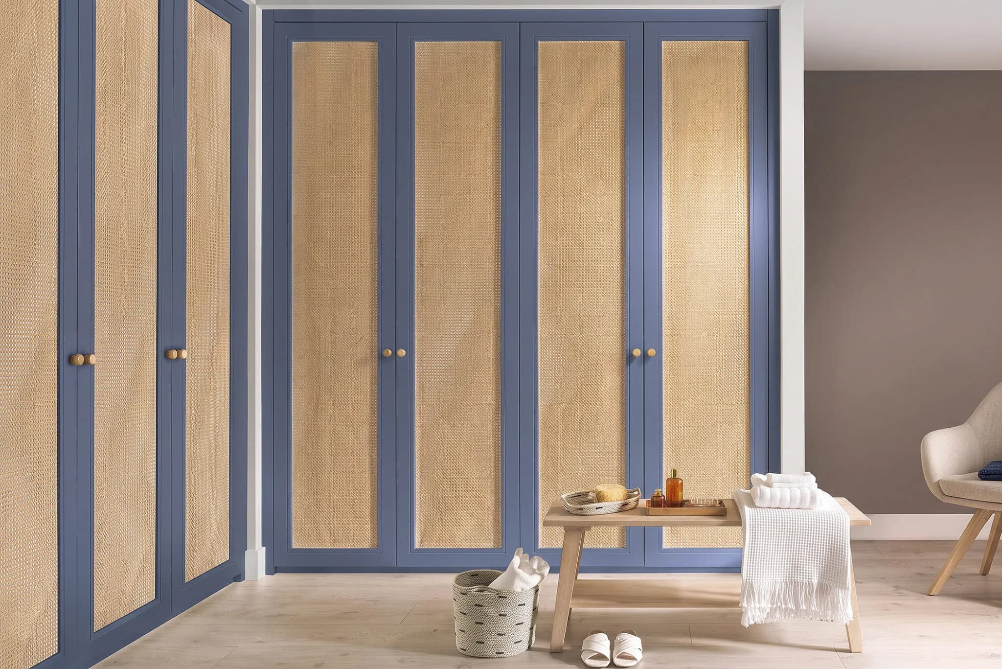 Fitted wardrobes in room.