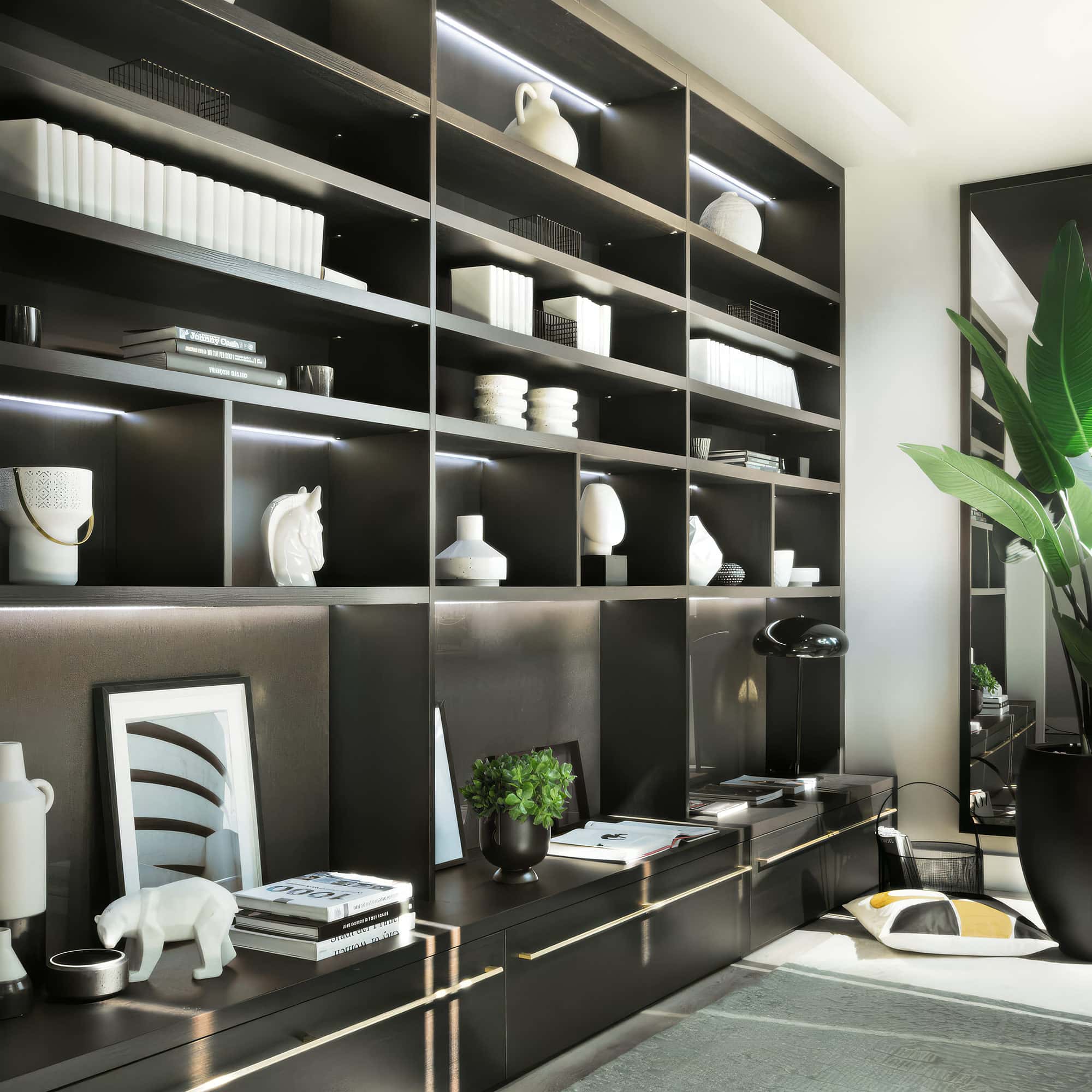Display shelving in a bespoke media wall