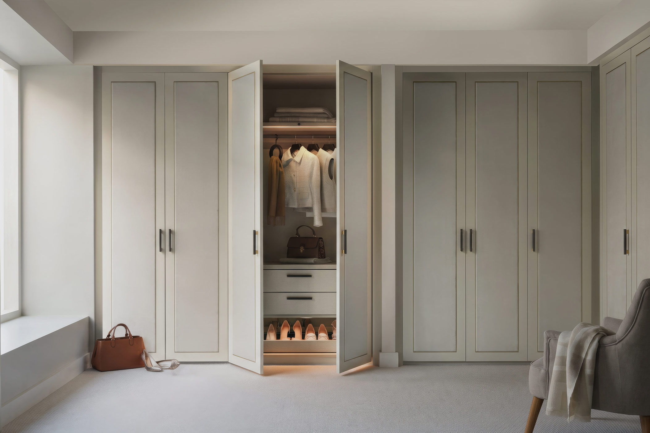 Wardrobe design applied to room with seating.